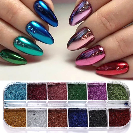 12 Colors Metallic Powder Nail Pigment Holographic Mirror Metal fine Rubbing On Nail Dust Glitter UV Gel Polish Nail Decoration